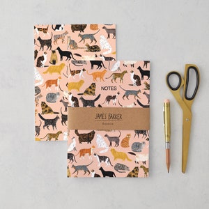 May include: Two pink notebooks featuring a cat pattern. The notebooks have a brown label that reads "JAMES BARKER Notebook".