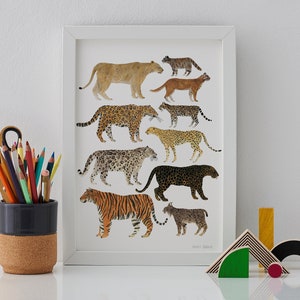 野生の猫のプリント、猫の壁アート、猫のアート、トラ猫、ライオン、チーター、ヒョウ柄、ジクレープリント、猫好きへのギフト、猫のイラスト、猫のポスター
