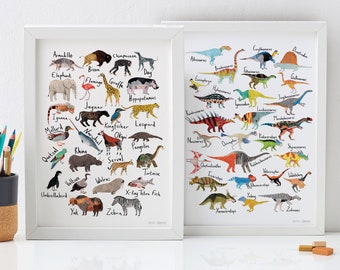 Two A3 Art Prints: Dinosaurs & Animals Alphabet, Kids Nursery Decor