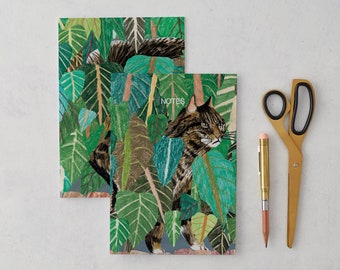 Hidden Cat among Green Leaves Notebook | A5 Eco-Friendly Journal | Illustrated Cover | Made in UK | Optional Cat & Vase Notebooks