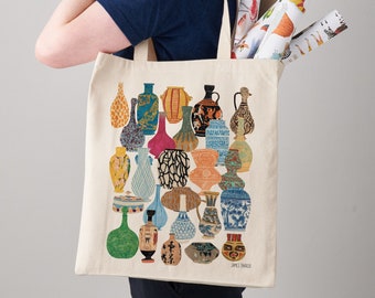 Vases and Ceramic Illustrated Tote Bag, Fair Trade Shopper Bag