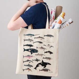 Whale & Dolphin Tote Bag, Canvas Tote Bag, Fair Trade, Cetacean, Whale Print, Whale Art, Weekender Bag, Shoulder Bag, Canvas Bag, Tote Bags