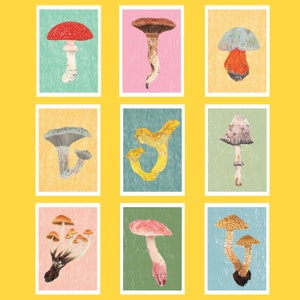 Impressions de champignons et de champignons vénéneux en édition limitée, décoration de champignons, impression botanique, art mural de cuisine, petits caractères, impression d'art A5