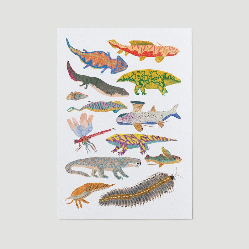 May include: A colorful illustration of various sea creatures, including fish, a dragonfly, and a worm. The creatures are drawn in a whimsical style with bright colors and intricate details.