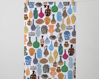 Vases Tea Towel: Museum Ceramic Print, Cotton Kitchen Decor