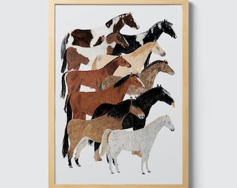 Ponies Print, Horse wall art, giclee print, mare nursery art, farm animal lover gift, equestrian illustration, poster, pet art