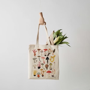 Borsa tote con funghi, borsa di tela per tutti i giorni, fungo velenoso, funghi, stampa di funghi, borsa a tracolla, commercio equo e solidale, borsa amante della natura, regalo per lei, shopper immagine 2