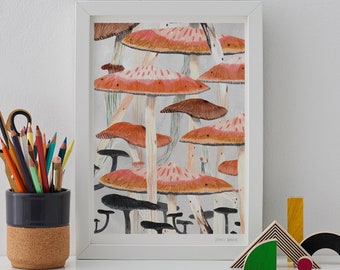 Giant Mushrooms Print, Fantasy Toadstool Wall Art, Mushroom decor, Botanical print, Fungi poster