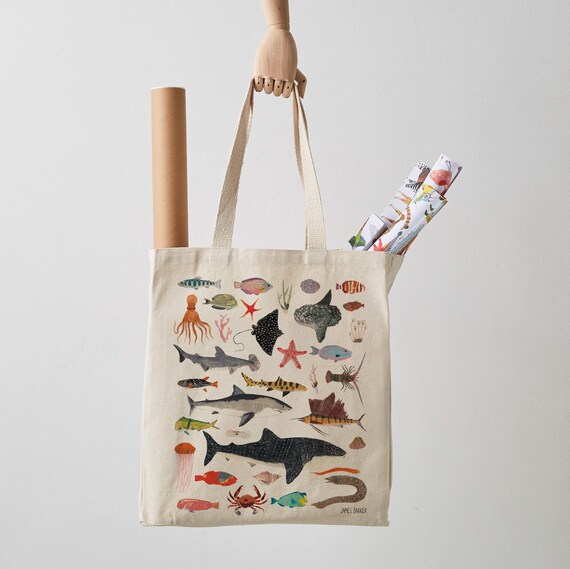 Sea Life Tote Bag Canvas Tote Bag Fair Trade Shark Print Fish Aquatic Life Weekender Bag Shoulder Bag Canvas Bag Tote Bags Etsy Norway
