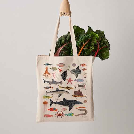Sea Life Tote Bag, Canvas Tote Bag, Fair Trade, Shark Print, Fish, Aquatic  Life, Weekender Bag, Shoulder Bag, Canvas Bag, Tote Bags 