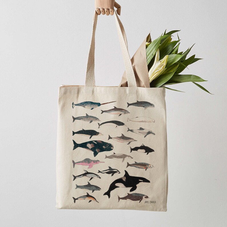 Whale & Dolphin Tote Bag, Canvas Tote Bag, Fair Trade, Cetacean, Whale Print, Whale Art, Weekender Bag, Shoulder Bag, Canvas Bag, Tote Bags image 2