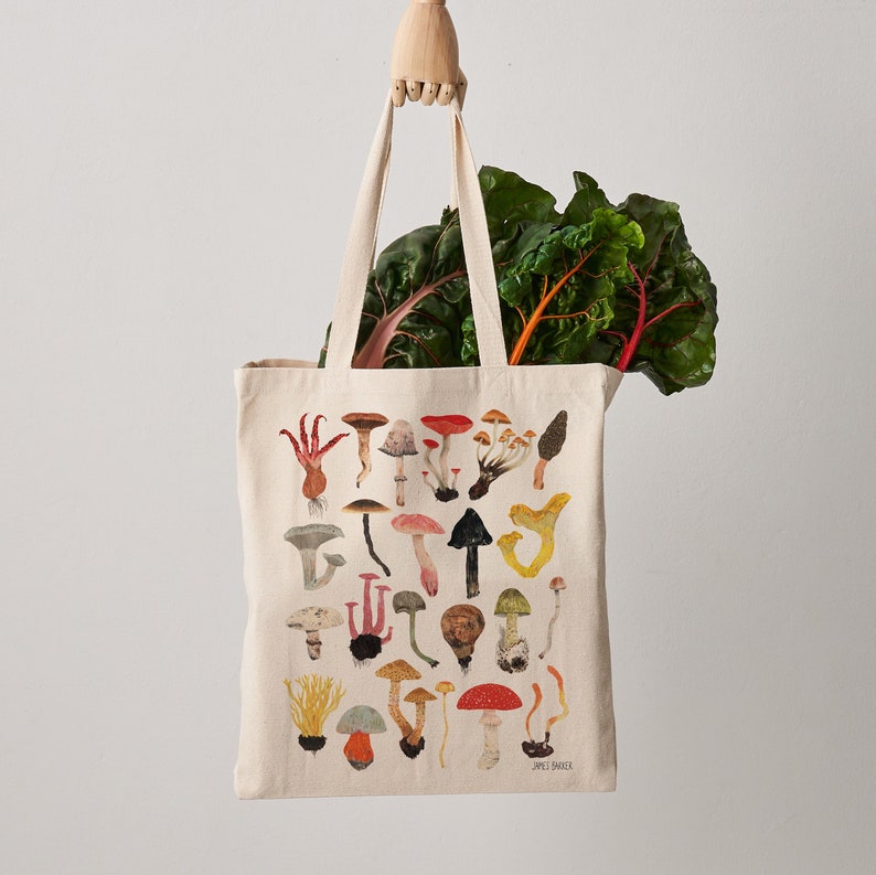 Borsa tote con funghi, borsa di tela per tutti i giorni, fungo velenoso, funghi, stampa di funghi, borsa a tracolla, commercio equo e solidale, borsa amante della natura, regalo per lei, shopper immagine 1