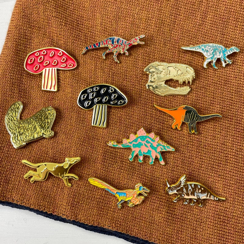 Enamel Pin Set of Your Choice, Dinosaurs, Cat pins, Sighthound Dog, Mushroom pin badges, kawaii cat pin, cute pin gift, Lapel Pin, Brooch, image 1