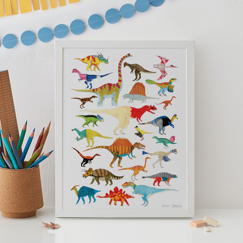 Dinosaurs Wall Art, Dinosaur decor, Dinosaur Print, Dinosaur Art, Dinosaur Gift, kids decor, nursery decor, nursery wall art, A4, A3 image 1