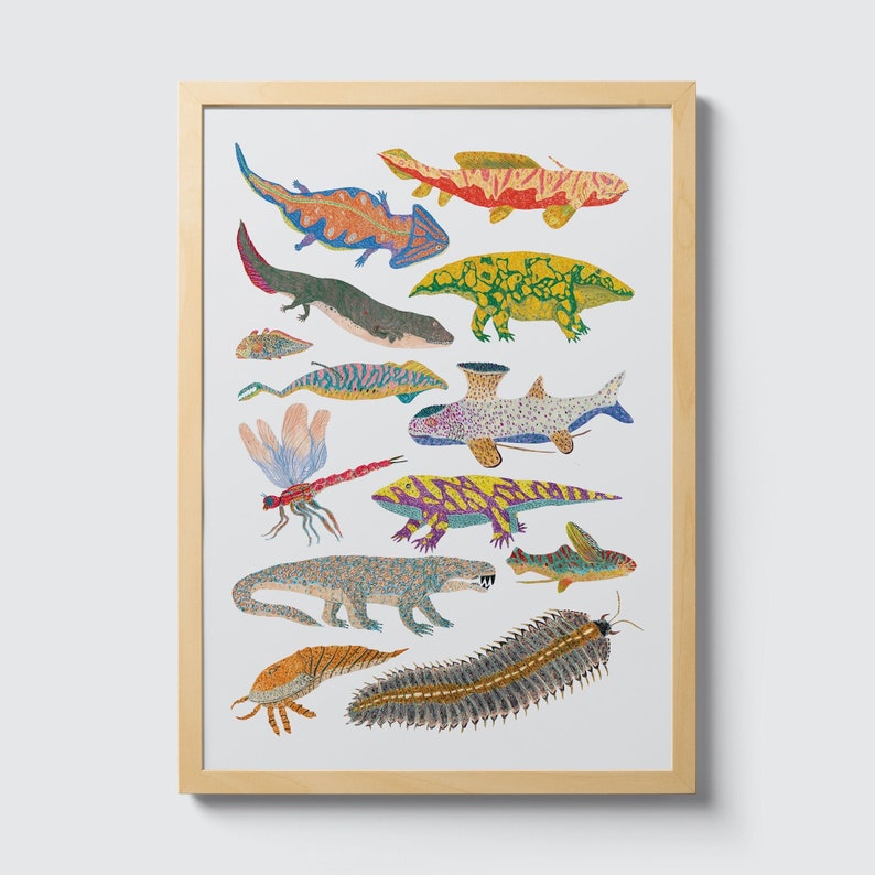 May include: A framed print of a colorful illustration featuring various prehistoric sea creatures, including fish, amphibians, and a dragonfly. The creatures are depicted in a whimsical style with vibrant colors and intricate details.