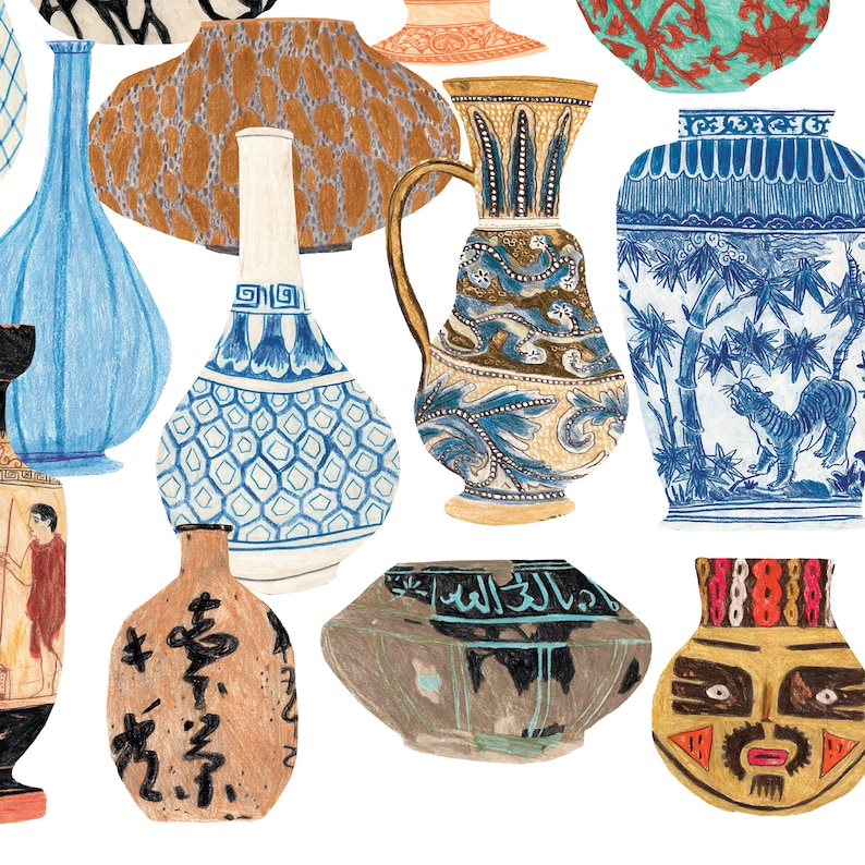 Vase and Ceramic Wall Art, Drawing of Vases, Vintage Ceramics, Antiques, Kitchen Decor, Illustration Print Collection Set image 4