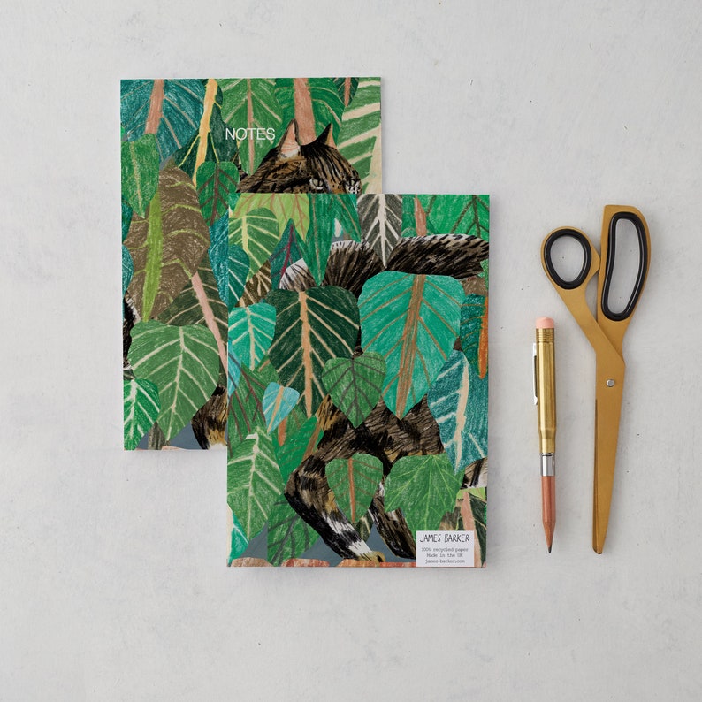 May include: Two green and brown notebooks with a jungle leaf pattern and a cat hidden in the leaves. The top notebook has the word "NOTES" printed on it. The bottom notebook has the text "JAMES BAKER" printed on it.
