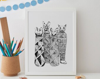 Mummified Cats Print Limited Edition, A4, Animal Print, Cat Print, Home Decor, Gift for her, Cat Wall Art, Animals, Giclee Print