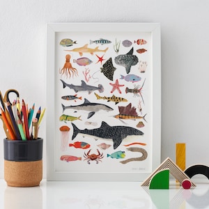 Vibrant Sea Life Art Print - Over 20 Hand-Illustrated Aquatic Creatures, Including Sharks, Clown Fish, Octopus and More, Available in A4, A3