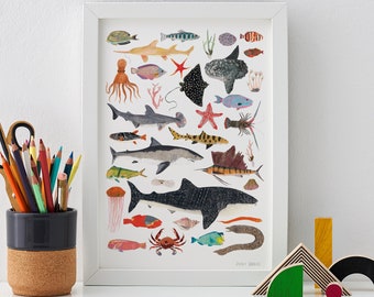 Vibrant Sea Life Art Print - Over 20 Hand-Illustrated Aquatic Creatures, Including Sharks, Clown Fish, Octopus and More, Available in A4, A3
