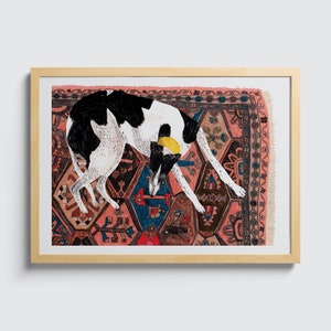 ペルシャ絨毯の上のグレイハウンドのジクレー版画：犬好きのためのウォールアート