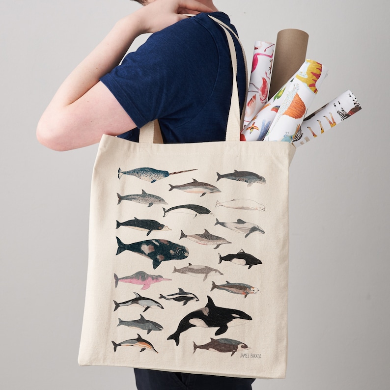 Whale & Dolphin Tote Bag, Canvas Tote Bag, Fair Trade, Cetacean, Whale Print, Whale Art, Weekender Bag, Shoulder Bag, Canvas Bag, Tote Bags image 1