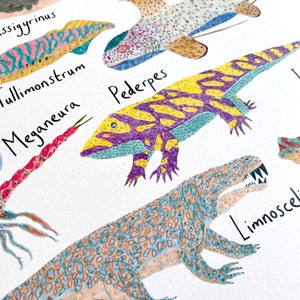 May include: A colorful illustration of extinct animals, including a purple and yellow lizard labeled "Pederpes", a blue and orange fish labeled "Tullimonstrum", a red and orange scorpion labeled "Meganeura", and a light blue and brown lizard labeled "Limnoscelis".