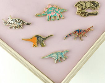 Enamel Pin Set Dinosaurs, Dinosaur pins badges, T Rex Skull, Dino accessories, Stegosaurus, Dinosaur gift, Dinosaur Brooch, Dinosaur Bling