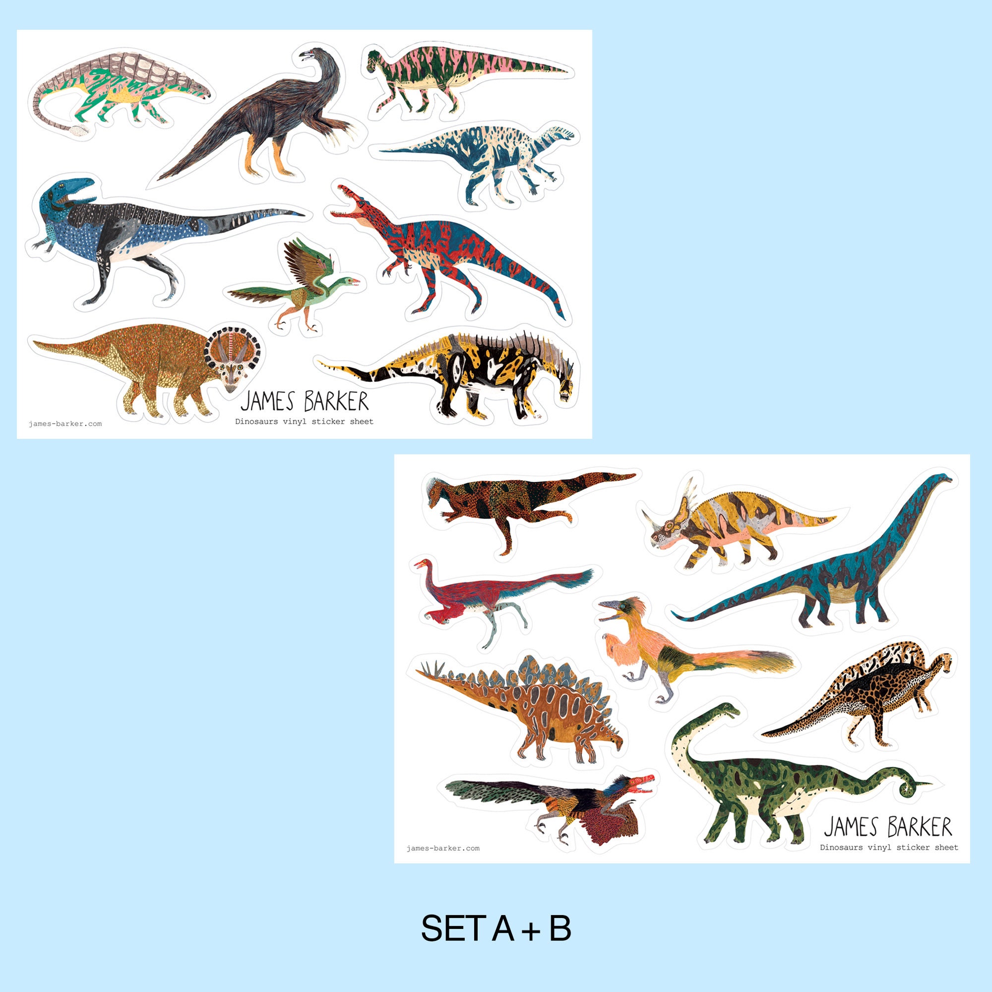 set of 7 dinosaurs cute on 1 sheet iron on t shirt transfer A5 