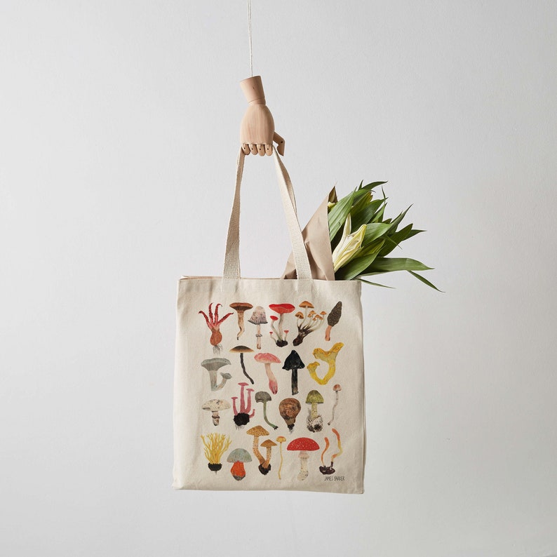 Mushroom Tote Bag, Fair Trade Canvas Shopping Shoulder Eco Bag, Long handle tote image 1