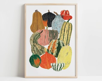 Squash Print, Gourd Winter Vegetable wall art, Pumpkin Food and Drink Kitchen Decor, Illustration Print
