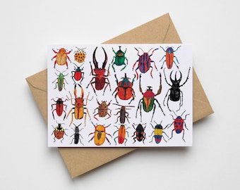 Carte de voeux d'insectes : impression d'insectes aux couleurs vives, intérieur vierge