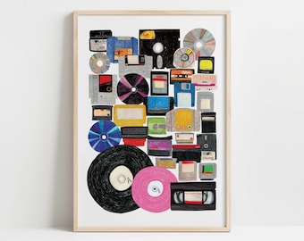 Retro Media Illustrated Print, Vintage Technology Wall Art