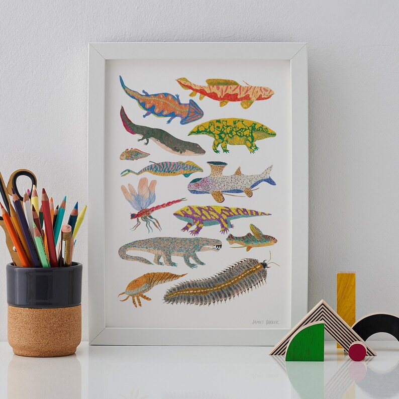 May include: A white framed print featuring a colorful illustration of various aquatic and amphibian creatures, including a dragonfly, a fish, a salamander, and a centipede. The print is titled "Jamie Sawyer".