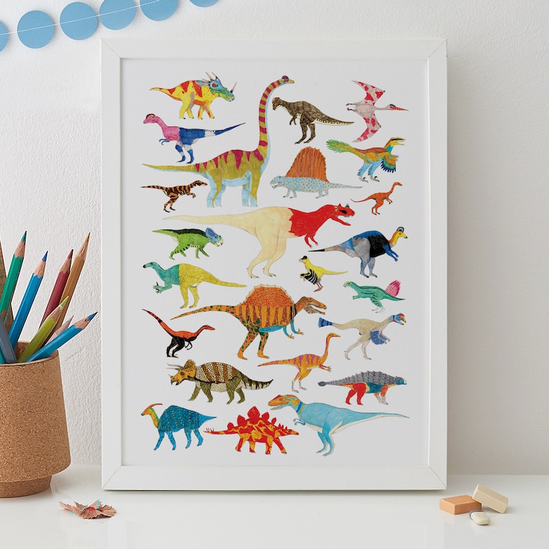 Dinosaurs Wall Art, Dinosaur decor, Dinosaur Print, Dinosaur Art, Dinosaur Gift, kids decor, nursery decor, nursery wall art, A4, A3 image 2