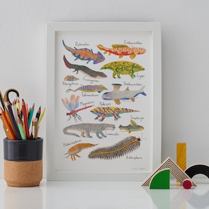 May include: A framed print of a colorful illustration of extinct prehistoric creatures. The print features a variety of animals, including fish, amphibians, and reptiles, with their scientific names labeled below each image. The print is set against a white background and framed in a white frame.