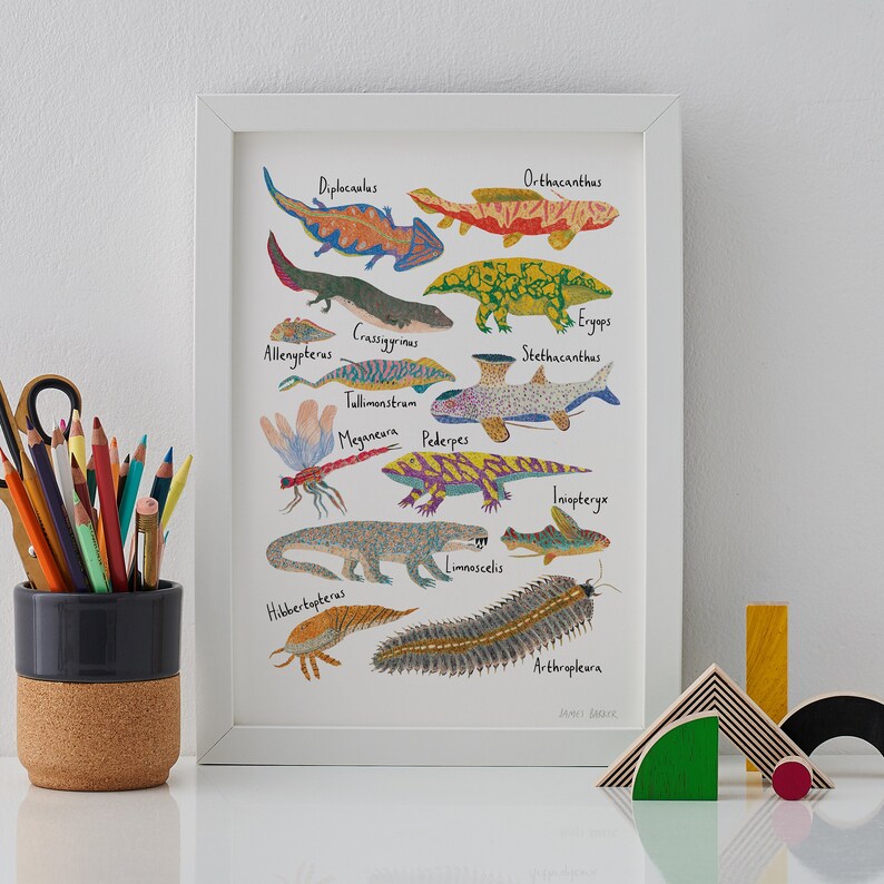 May include: A framed print of a colorful illustration of extinct prehistoric creatures. The print features a variety of animals, including fish, amphibians, and reptiles, with their scientific names labeled below each image. The print is set against a white background and framed in a white frame.