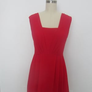 Women Red Dress Short Sleeveless Retro Dress sleeveless Red Chiffon Exposed Zipper Dress Squre neckline Pleat Waist OOAK Ready to ship