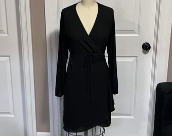 Black Long Sleeve Wrap Dress Vintage Chiffon Short wrap Dress Black Retro Raglan Sleeve Cross Over V Neckline Dress Size S Ready to ship