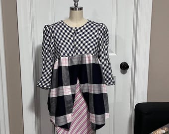 Mixed Print Upcycled Tunic – Puff Sleeve Bohemian Lagenlook Top Refashioned Cotton Shirt Handmade