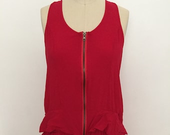 Vestido estilo pichi de algodón rojo de los años 90 - Vestido veraniego escalonado con cremallera delantera