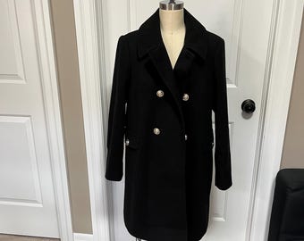 Black Peacoat for Women – Double Breasted Wool Blend Car Coat | Tailored Vintage Style Melton Fleece Jacket