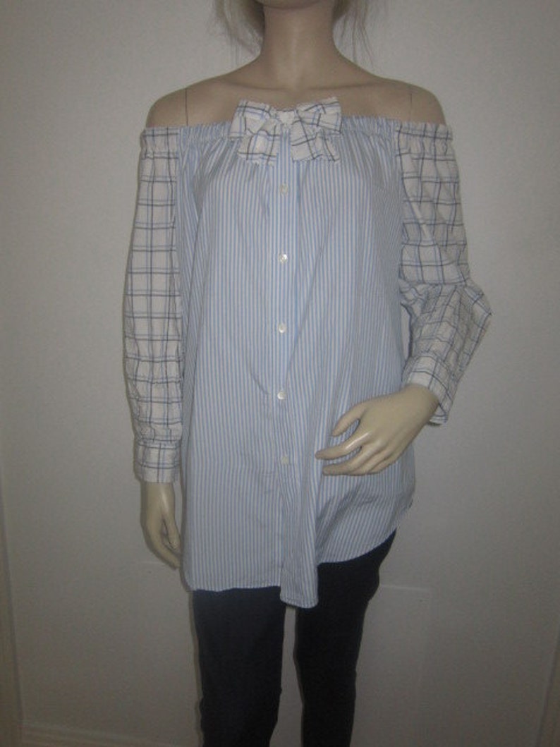 Women Off Shoulder Shirt Upcycled Longsleeve Shirt Boho Tunic Upcycled Clothing Bohemian Tunic Top Recycled One of a Kind Made to Order