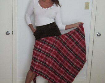 Asymmetrical Skirt Upcycle Plaid Uneven Hemline Corduroy Skirt OOAK Summer Boho Recycled Maxi Skirt Cotton Skirt Women Clothing