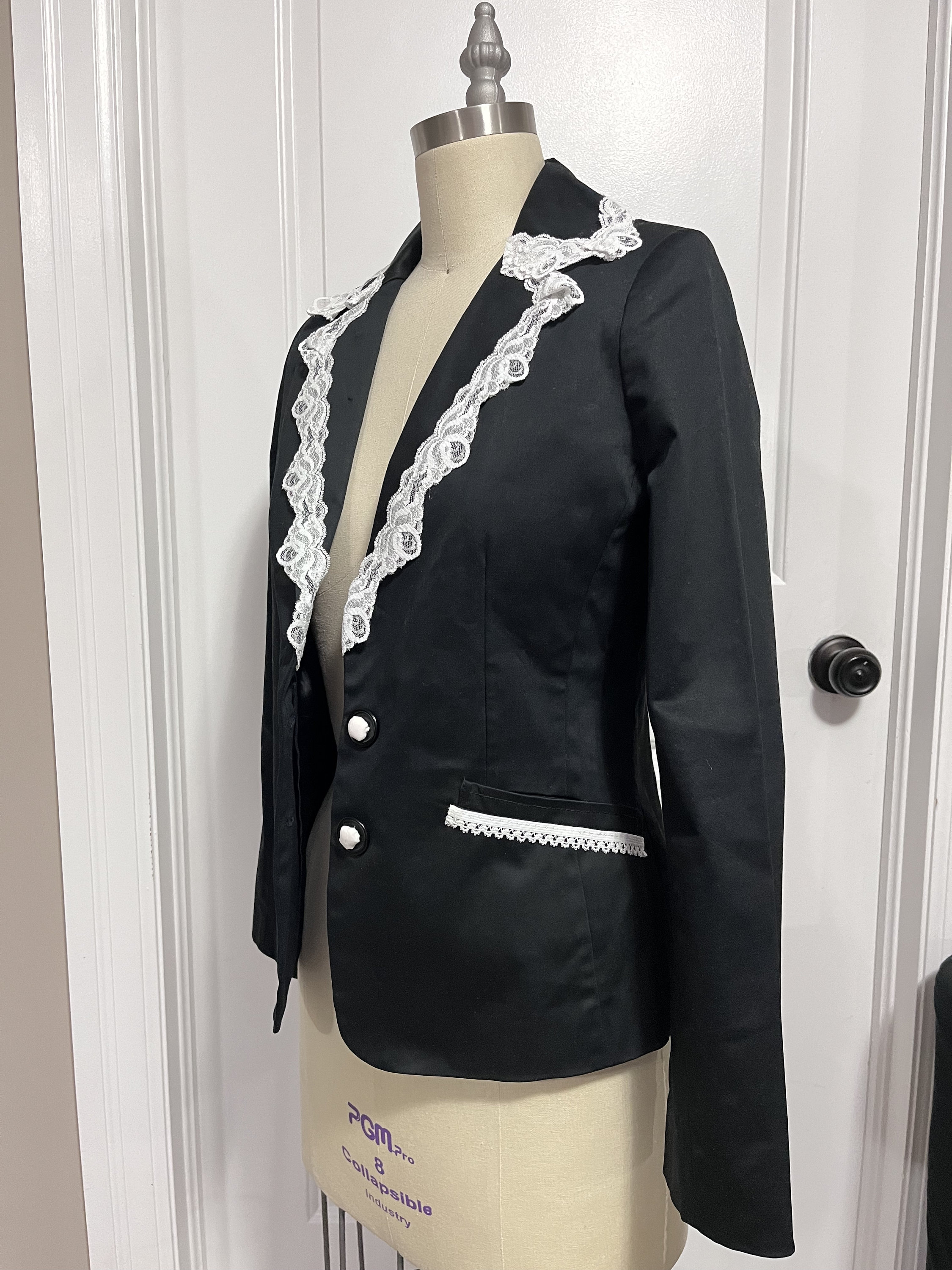 Women's Upcycled Jacket Romantic Black and White Lace Trim Fitted