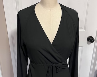 Vestido cruzado vintage de gasa negra, manga raglán retro, talla S