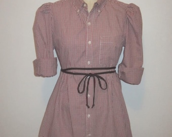 Upcycled Men's Shirt Tunic with Puff Sleeves & Tie Belt Button up Cotton Top Women's recycled clothing (Ready to ship)
