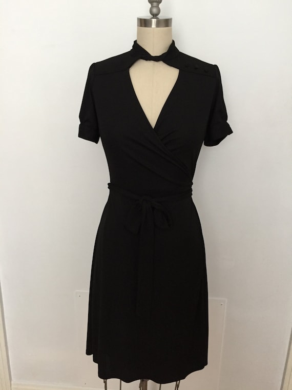Black Wrap Dress: Vintage Mandarine Collar Puff Sleeve LBD Knit Spandex Black Wrap Dress: Vintage Mandarine Collar Puff Sleeve LBD Knit Spandex