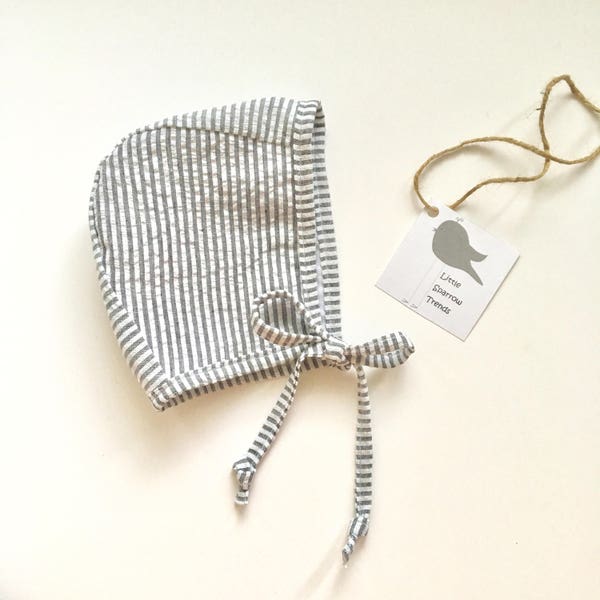 Cotton Baby Bonnet - Charcoal and White Striped Print - Free Shipping