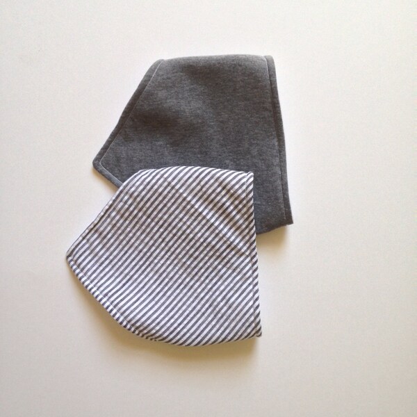 Baby Bandana Bib - Jersey Knit Grey, Cotton Grey and White Stripe - Set of 2- Baby Boy Fashion